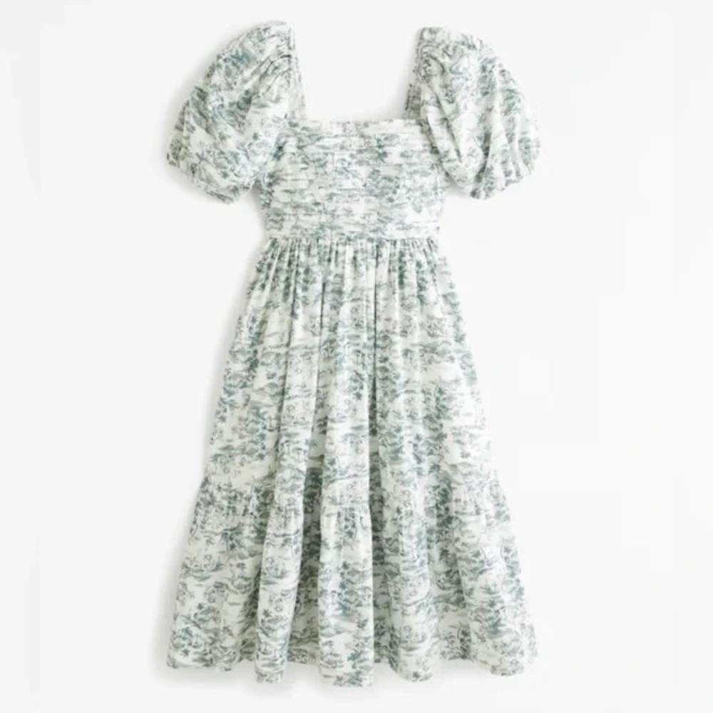 Abercrombie & Fitch Poplin Puff Sleeve Midi Dress Green and White